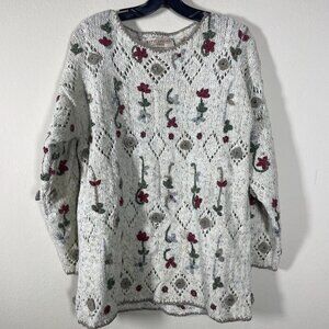 Marsh Landing Hand Knit Floral Ivory Wool Blend Sweater S Oversized!